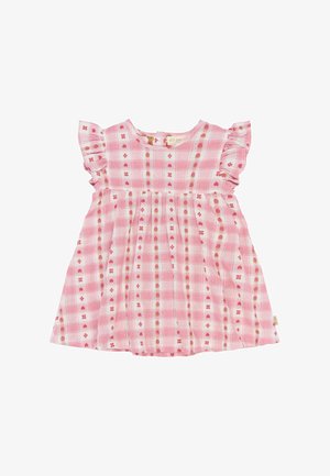 Vestito a quadri rosa con maniche a volant, caratterizzato da un motivo di piccoli fiori e cuori. Realizzato in un tessuto leggero con una forma ad A.