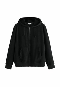 Crna zip majica izrađena od mekog materijala s podstavljenom kapuljačom, prednjim džepovima i rebrastim manžetama. Minimalistički dizajn bez uzoraka.