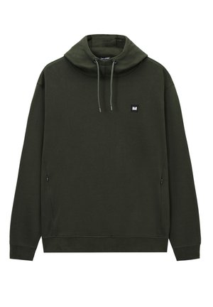 Dunkelgrüner Pullover-Hoodie mit Kordelzugkapuze, seitlichen Reißverschlusstaschen, gerippten Bündchen und kleinem quadratischem Logo auf der linken Brust.