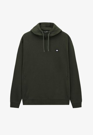 Dunkelgrüner Pullover-Hoodie mit Kordelzugkapuze, seitlichen Reißverschlusstaschen, gerippten Bündchen und kleinem quadratischem Logo auf der linken Brust.