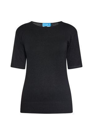 Sort kortærmet sweater lavet af et blødt, åndbart stof. Har en rund halsudskæring og ribbet kant. Etiket synlig ved halsen.