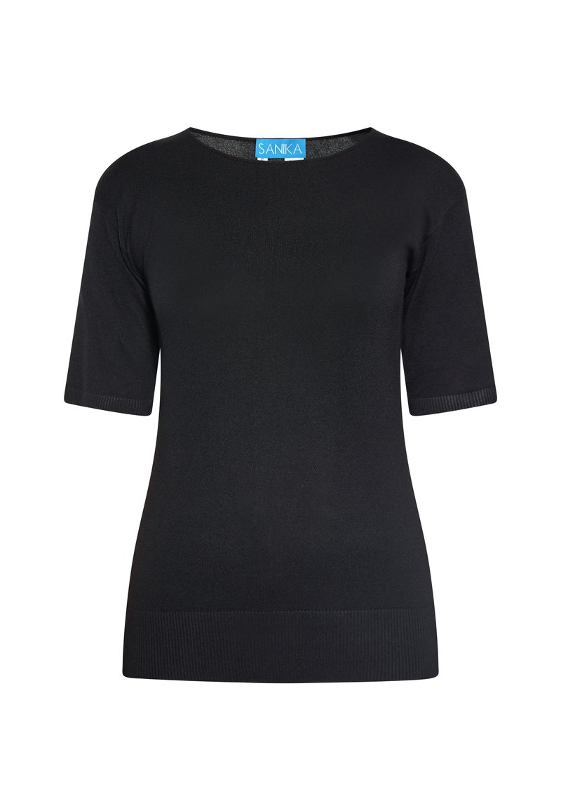 Zwart T-shirt met korte mouwen, gemaakt van een zachte, ademende stof. Heeft een ronde halslijn en een geribde zoom. Etiket zichtbaar bij de hals.