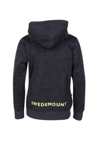 Felpa con cappuccio in tessuto grigio scuro con finitura testurizzata. Presenta il logo giallo "SWEDEMOUNT" all'orlo e polsini a costine.