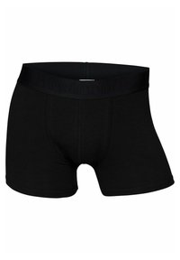 Schwarze Baumwollboxershorts mit einem dicken, strukturierten Bund, der geprägte Markenlogos aufweist. Das Design umfasst eine vordere konturierte Tasche und kurze Beine.