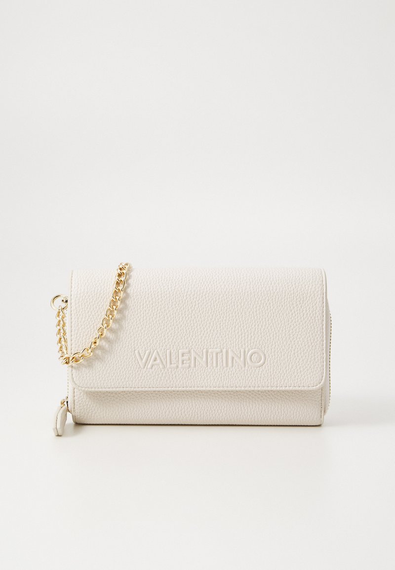 Beige textured leather clutch with gold chain strap and embossed "Valentino" logo. Features a fold-over design and zipper closure.