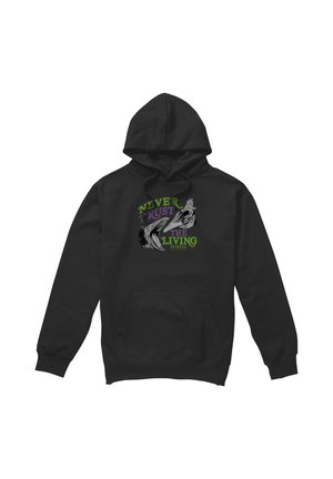 Black hoodie with a graphic of two skeletal hands and text stating "Never trust the living Beetlejuice" in green and purple.