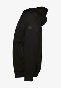 Zwart hoodie-jack met een gladde textuur, geribbelde boorden, een elk met ritssluiting en een cirkelvormig logo-accent op de schouder.