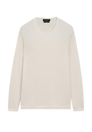 Plain long-sleeve crewneck sweater in off-white with a smooth texture and no visible patterns or embellishments.