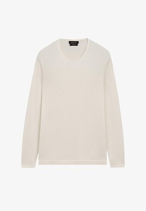 Schlichter Pullover mit langen Ärmeln und Rundhalsausschnitt in Off-White, mit glatter Textur ohne sichtbare Muster oder Verzierungen.