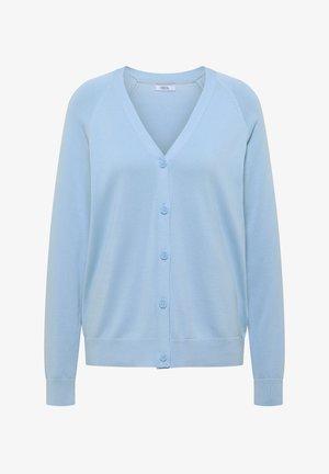 Vaaleansininen V-kaula-aukkoinen neuletakki, jossa on pitkät hihat ja viisi etunappia, varustettu resorikahvoilla ja helmalla.