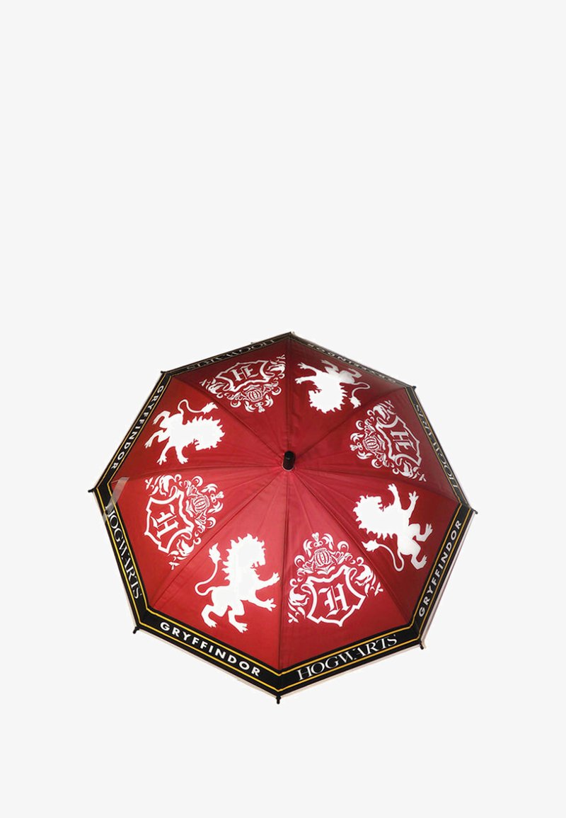 Red umbrella featuring white Gryffindor lion designs and Hogwarts text. Hexagonal shape with a smooth fabric finish and black trim.