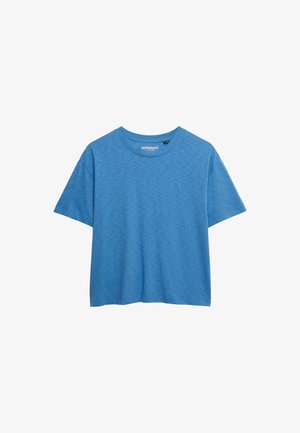 Blauw T-shirt met korte mouwen en ronde hals, subtiele gemêleerde structuur en een klein ton-sur-ton logo op de linkerborst.