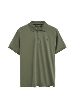 Polo a maniche corte verde oliva con colletto, patta con tre bottoni e piccolo logo ricamato del golfista sul petto sinistro.