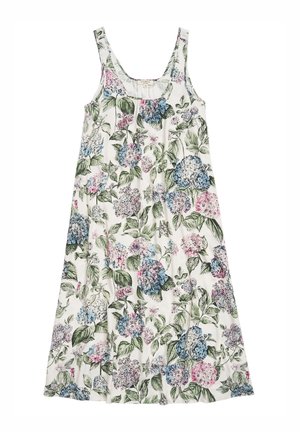 Vestido sin mangas con estampado floral, que presenta una base blanca y un patrón de hortensias multicolores en azul, rosa y verde, con una forma relajada en A.