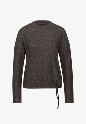 Long-sleeve, charcoal gray top made of soft fabric, featuring a round neck and adjustable tie detail at the waist for a fitted silhouette.