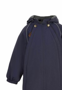 Marineblaue Oberbekleidung mit Kapuze, ausgestattet mit einem Frontverschluss und elastischen Bündchen. Glatte Textur mit kontrastierendem grauem Innenfutter und dekorativen Knöpfen.
