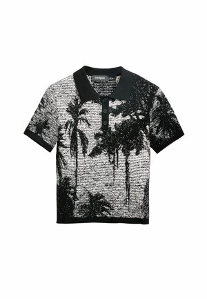 Fekete-fehér galléros póló, textúrált pálmafás mintával és három elülső gombbal. Anyaga kötött szövet.