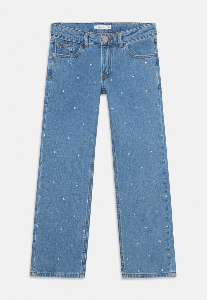 Jeans de denim azul claro con un diseño de pierna recta, adornados con embellishments plateados dispersos y un estilo clásico de cinco bolsillos.