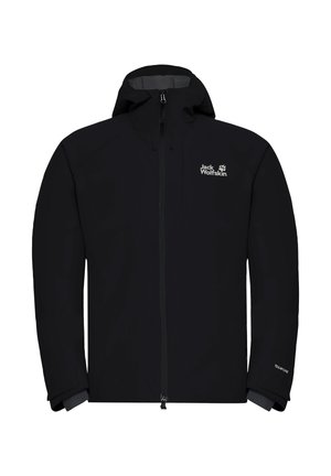 Schwarze wasserdichte Jacke mit hohem Kragen, durchgehendem Reißverschluss, verstellbarem Kapuzen und elastischen Bündchen. Verfügt über ein Logo auf der oberen linken Seite.
