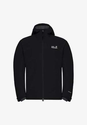 Schwarze wasserdichte Jacke mit hohem Kragen, durchgehendem Reißverschluss, verstellbarem Kapuzen und elastischen Bündchen. Verfügt über ein Logo auf der oberen linken Seite.