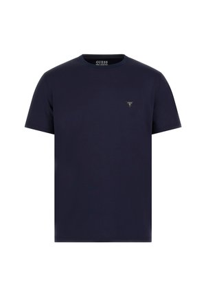 Mörkblå bomulls t-shirt med korta ärmar, rundad halsringning, prydd med en liten triangulär logotyp på bröstet. Enkelt och klassiskt design.