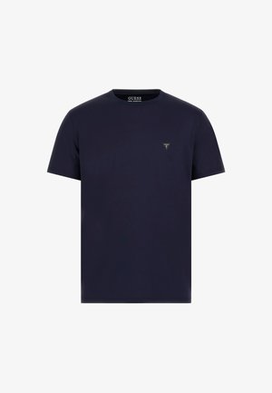 Marineblauwe katoenen T-shirt met korte mouwen en een ronde hals, met een klein driehoekig logo op de borst. Eenvoudig en klassiek ontwerp.