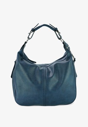 Blaue lederne Schultertasche mit einem lässigen Design, ausgestattet mit einem strukturierten Griff und silbernen Hardware-Akzenten. Reißverschluss oben.