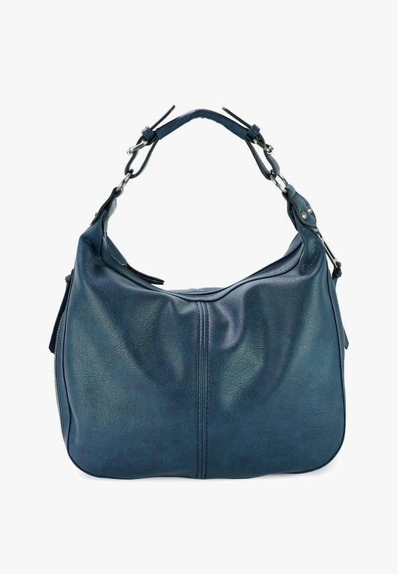 Blauwe leren schoudertas met een nonchalant ontwerp, voorzien van een gestructureerd bovenhandvat en zilverkleurige hardware-accenten. Ritssluiting aan de bovenkant.