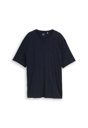 Jednoduché tmavomodré krátkym rukávom tričko s okrúhlym výstrihom, voľný strih, s malým vyšívaným logom na ľavej strane hrudníka.