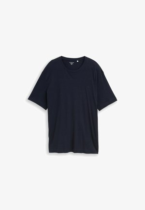 T-shirt à manches courtes en bleu marine foncé uni, col rond, coupe décontractée, avec petit logo brodé sur le côté gauche de la poitrine.