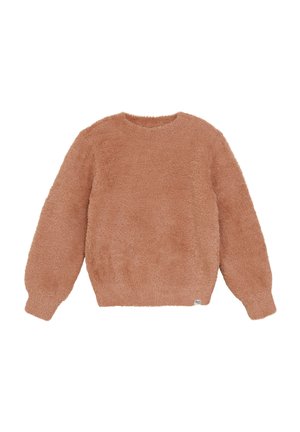 Lichtroze, fuzzy trui met een ronde halslijn en lange, iets gepofte mouwen. Zachte textuur, elastische onderrand en een klein merkje aan de onderkant.