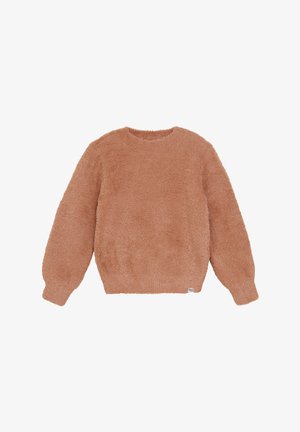 Lichtroze, fuzzy trui met een ronde halslijn en lange, iets gepofte mouwen. Zachte textuur, elastische onderrand en een klein merkje aan de onderkant.