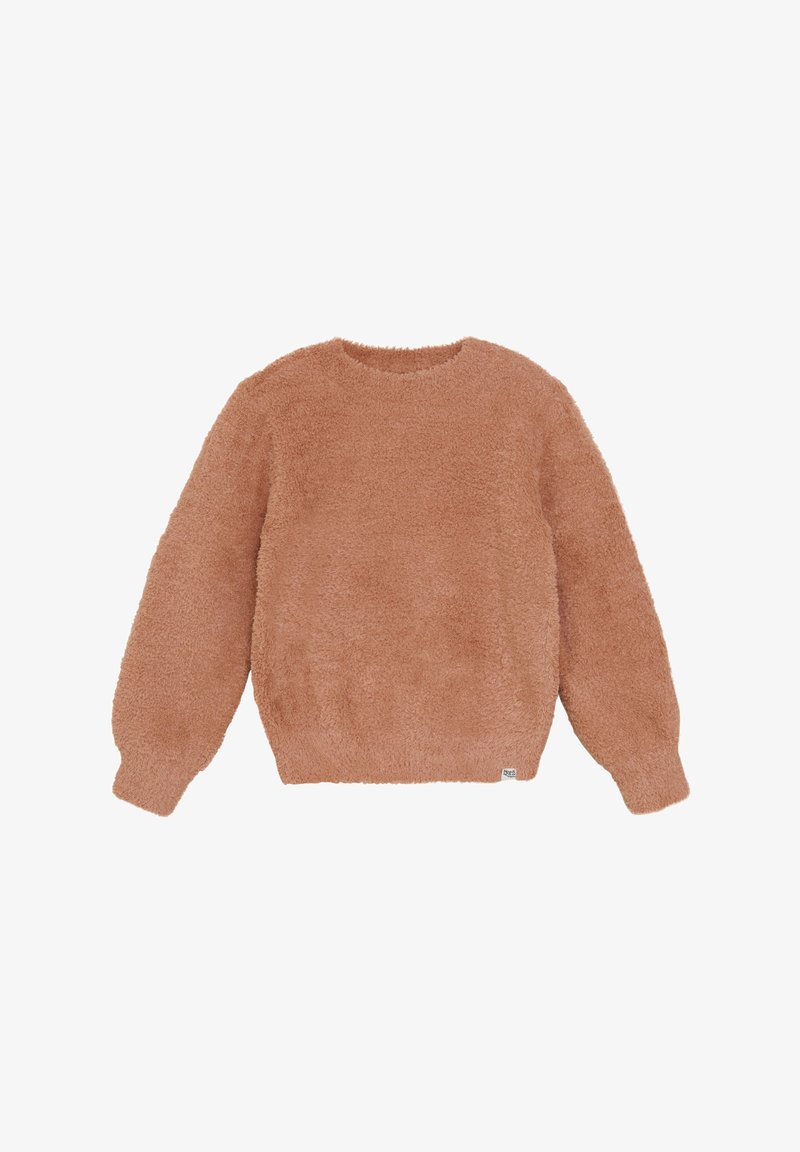 Hellrosa, flauschiger Pullover mit rundem Ausschnitt und langen, leicht puffigen Ärmeln. Weicher Stoff, elastischer Saum und ein kleines Markenschild am unteren Ende.