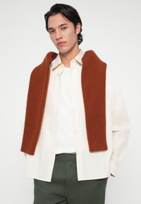 Fiatal férfi sötét hajjal, krém csíkos ingben, fehér alsóingben, zöld nadrágban és rozsdabarna pulóverben, amely a vállán lóg.