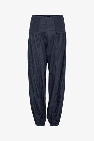 Pantalones ligeros de color azul oscuro con una cintura elástica fruncida, puños en los tobillos fruncidos y un corte relajado para mayor comodidad.