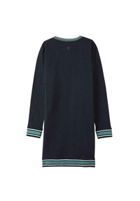 Robe-sweat en marine avec des manches longues, un col côtelé et des poignets rayés en bleu canard et blanc. Tissu doux avec une coupe décontractée.