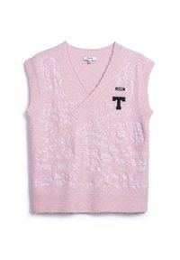Light pink sleeveless sweater with a V-neck, featuring white math equations and a black "LOGIC" tag with a stylized "T" accent. Soft texture.