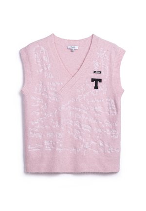Light pink sleeveless sweater with a V-neck, featuring white math equations and a black "LOGIC" tag with a stylized "T" accent. Soft texture.