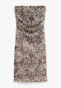 Strapless jurk tot de knie met een bruin en beige panterprint en een gedrapeerde halslijn.