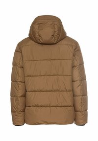 Brun pufferjakke med hætte, der har et quiltet design, vandret syninger og elastiske manchetter. Glat, blank finish.