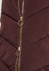 Close-up van een donkerbruin gewatteerd jack met een gouden dubbele ritssluiting met ronde trekker, met gedetailleerde stiksels en stoftextuur.