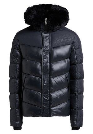 Černá péřová bunda s odnímatelnou kapucí z umělé kožešiny, prošívaný šikmý vzor, dvě boční kapsy a plný přední zip.