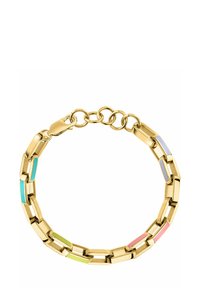 Bracelet en chaîne dorée avec des maillons en émail multicolores rectangulaires en bleu, vert, rose et violet, et une fermeture à mousqueton.