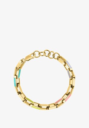 Bracelet en chaîne dorée avec des maillons en émail multicolores rectangulaires en bleu, vert, rose et violet, et une fermeture à mousqueton.