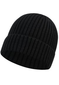 Czarna dzianinowa czapka beanie o prążkowanej fakturze i złożonym mankiecie. Materiał jest miękki i elastyczny, zapewniając dobre dopasowanie.