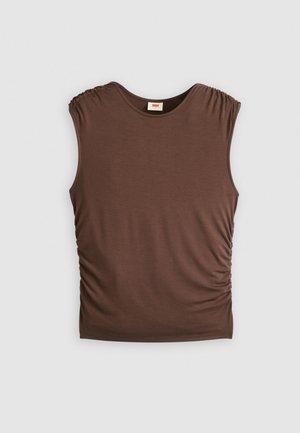 Brown sleeveless top made of soft fabric, featuring gathered shoulders and side ruched detailing, seamless neck, and fitted silhouette.