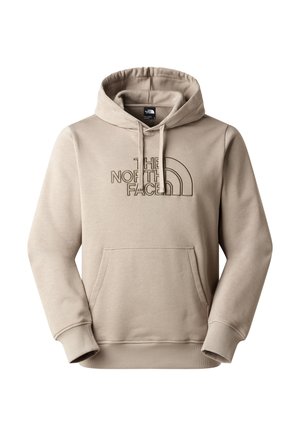 Beige hoodie met een kangoeroezak, verstelbare capuchon met trekkoord en een aangebracht logo "THE NORTH FACE" op de voorkant. Zachte stoftextuur.