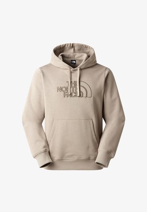 Beige hoodie met een kangoeroezak, verstelbare capuchon met trekkoord en een aangebracht logo "THE NORTH FACE" op de voorkant. Zachte stoftextuur.