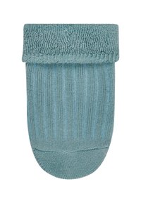 Light blue sock with ribbed texture and a folded cuff. Made of smooth material, featuring a seamless toe design and soft finish.
