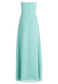 Błękitna, bezramienna sukienka maxi z lekkiego materiału o prostym kroju, z ukrytym zamkiem z tyłu i zwiewnym dołem.